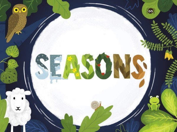Illustration of a moon in the middle against a dark blue background with the word SEASONS and each letter is a different season. There is a sheep, owl, snail and small spider.